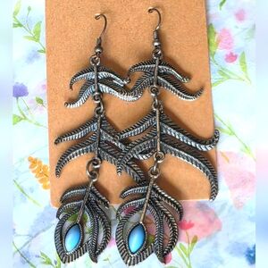 🪶 Blue and Silver Color Feather Dangle Earrings with Turquoise Accents